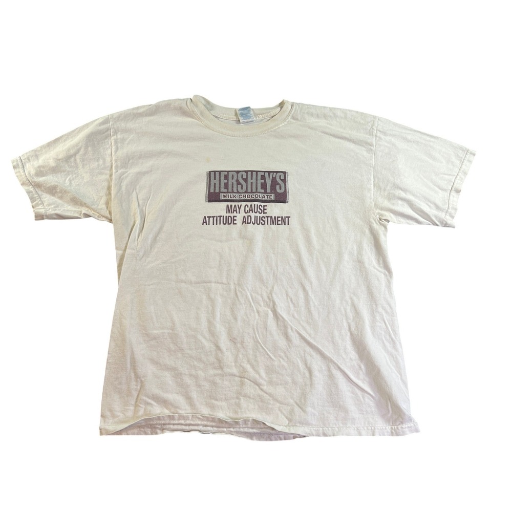 Vintage Hershey's Chocolate T-Shirt Mens XL Cream Attitude Adjustment Humor Logo